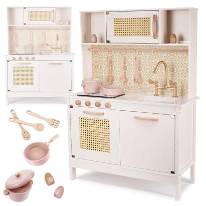 Bucatarie din lemn pentru copii 100x68x29 cm, cu accesorii si efecte luminoase, stil retro, MDF si plastic, boho, crem Household NewTrend