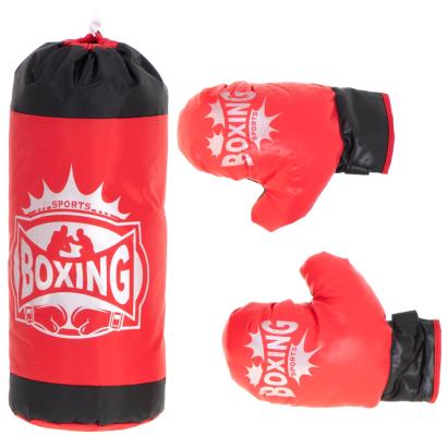 Set sac de box pentru copii 53x45 cm, cu manusi incluse, pentru antrenament acasa, rosu-negru Household NewTrend