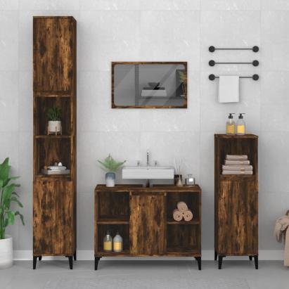 Set mobilier de baie, 3 piese, stejar fumuriu, lemn prelucrat GartenMobel Dekor