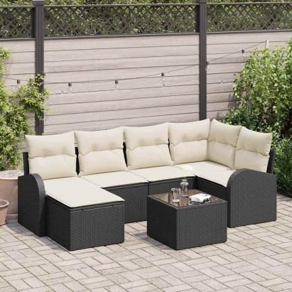 Set de canapele pentru grădină cu pernă 7 pcs Negru Rattan poli GartenMobel Dekor
