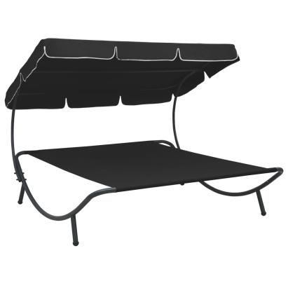 Pat șezlong de exterior cu baldachin, negru GartenMobel Dekor