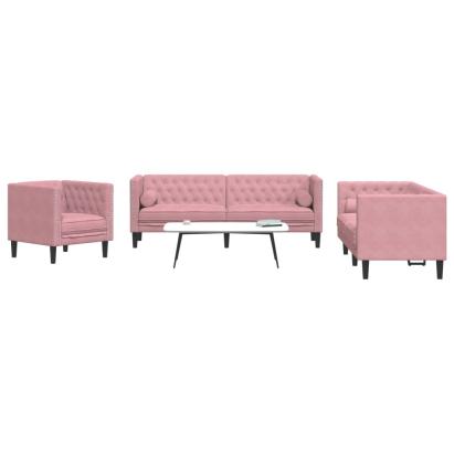 Set canapele Chesterfield cu perne rulou, 3 piese, roz, catifea GartenMobel Dekor