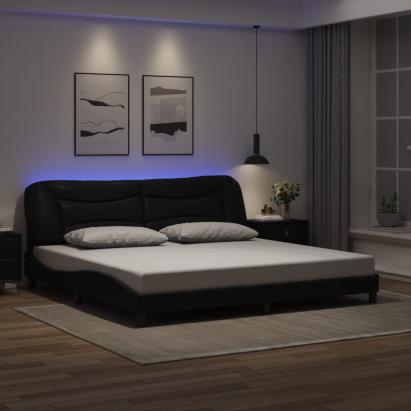 Cadru de pat cu lumini LED, negru, 200x200 cm, piele ecologică GartenMobel Dekor