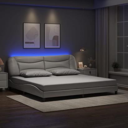 Cadru de pat cu lumini LED, alb, 200x200 cm, piele ecologică GartenMobel Dekor