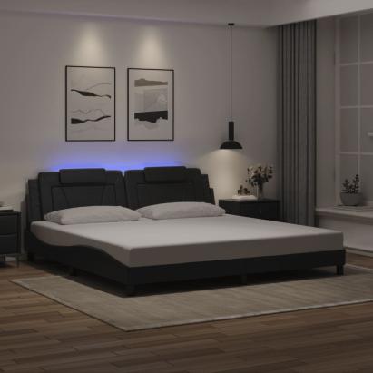 Cadru de pat cu lumini LED, negru, 200x200 cm, piele ecologică GartenMobel Dekor