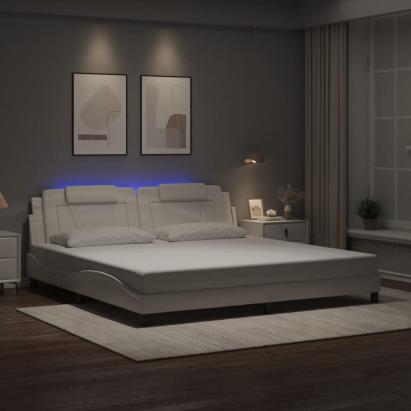 Cadru de pat cu lumini LED, alb, 200x200 cm, piele ecologică GartenMobel Dekor