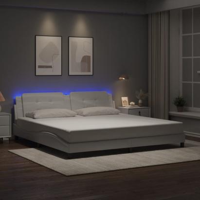 Cadru de pat cu lumini LED, alb, 200x200 cm, piele ecologică GartenMobel Dekor