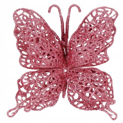 Set 10 ornamente pentru bradul de Craciun, Fluture cu sclipici, 16cm, roz Household NewTrend