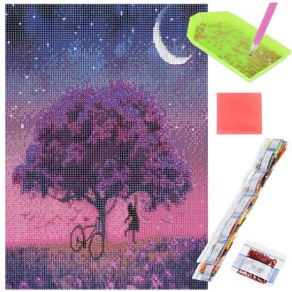 Set de broderie cu diamante 5D, 30x40cm, model Pom inflorit sub luna Household NewTrend