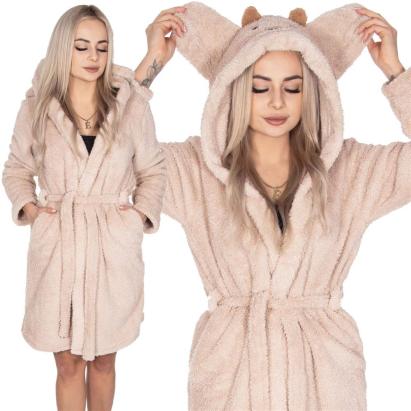Halat de baie pentru femei pana la genunchi, gluga cu urechi , marimea L/XL, bej Household NewTrend