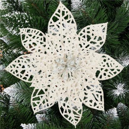 Set 10 ornamente pentru bradul de Craciun, stea Poinsettia, 14cm, alb cu sclipici Household NewTrend