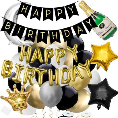 Set 53 baloane si decoratiuni, Happy Birthday, argintiu, negru, auriu Household NewTrend