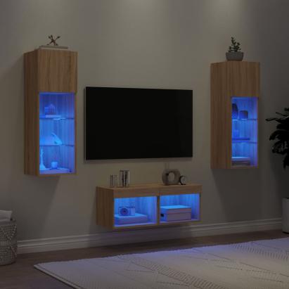 Comode TV de perete cu lumini LED, 4 piese, stejar sonoma GartenMobel Dekor