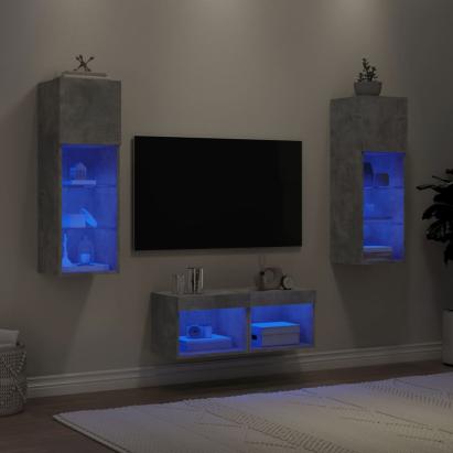 Comode TV de perete cu lumini LED, 4 piese, gri beton GartenMobel Dekor