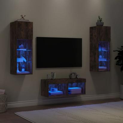 Comode TV de perete cu lumini LED, 4 piese, stejar fumuriu GartenMobel Dekor