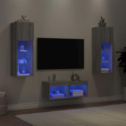 Comode TV de perete cu lumini LED, 4 piese, gri sonoma GartenMobel Dekor