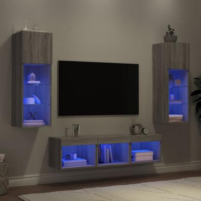 Unități de perete TV cu LED-uri, 5 piese, gri sonoma, lemn GartenMobel Dekor