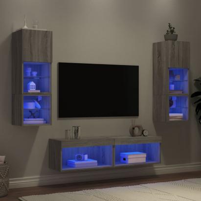 Unități de perete TV cu LED-uri, 6 piese, gri sonoma, lemn GartenMobel Dekor