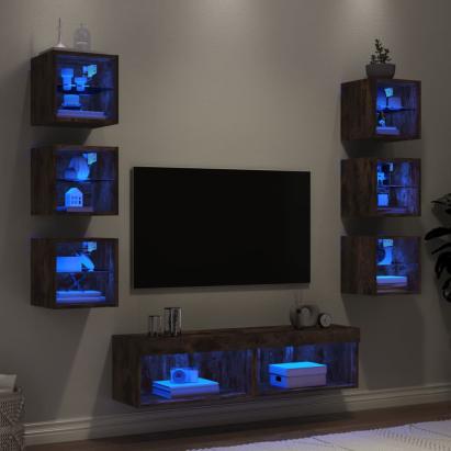 Unități de perete TV cu LED-uri, 8 piese, stejar fumuriu, lemn GartenMobel Dekor