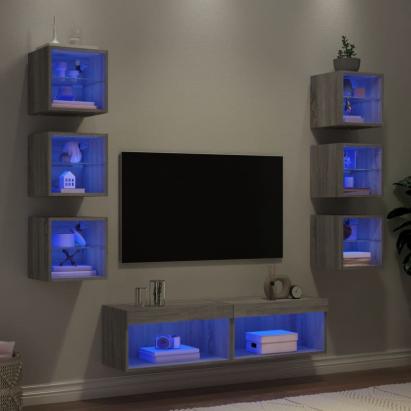 Unități de perete TV cu LED-uri, 8 piese, gri sonoma, lemn GartenMobel Dekor