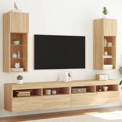 Comode TV cu lumini LED, 2 buc., stejar sonoma, 30,5x30x90 cm GartenMobel Dekor