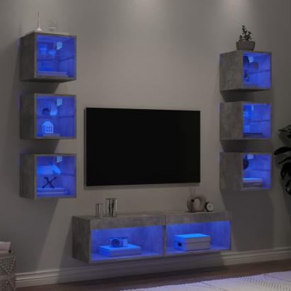 Unități TV de perete cu LED-uri 8 piese gri beton lemn compozit GartenMobel Dekor
