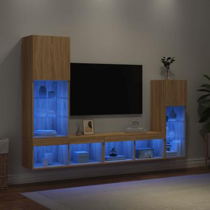 Unități de perete TV cu LED-uri, 4 piese, stejar sonoma, lemn GartenMobel Dekor