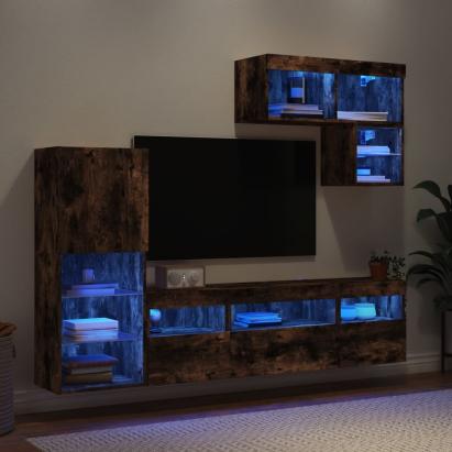 Unități de perete TV cu LED-uri, 6 piese, stejar fumuriu, lemn GartenMobel Dekor