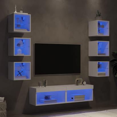 Unități de perete TV cu LED-uri, 8 piese, alb, lemn prelucrat GartenMobel Dekor