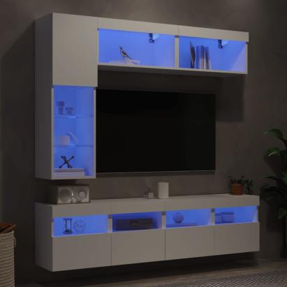 Set comode TV de perete, 7 piese, cu lumini LED, alb GartenMobel Dekor