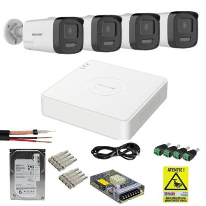 Sistem Supraveghere Analog Hikvision 4 Camere 3K Ultra HD, Dual Light 40m, Audio, DVR 4 Canale 3K lite 5MP, 1xSata, Functii inteligente, accesorii montaj SafetyGuard Surveillance