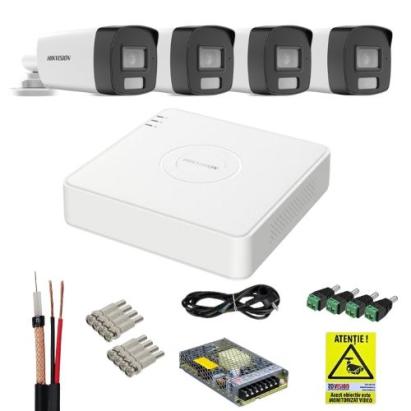Sistem supraveghere analog Hikvision 4 camere 4K, Dual Light, IR 40m, lentila 2, 8mm, DVR 4 canale, 5MP, tehnologie AcuSense, accesorii montaj, fara HDD SafetyGuard Surveillance