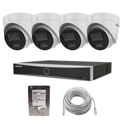Sistem de supraveghere complet Hikvision IP ,PoE, cu 4 camere, 2MP, Dual Light, microfon, NVR 4 canale, Functii AI, AcuSense, 1x HDD 1TB si cablu UTP 20m SafetyGuard Surveillance