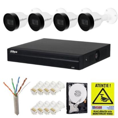 Sistem supraveghere IP Dahua, 4 camere IP 5MP, Microfon, PoE, IR 30m, NVR 4 canale, 8MP 4K, PoE, Accesorii montaj, Hard 1 TB + Autocolant Rovision SafetyGuard Surveillance