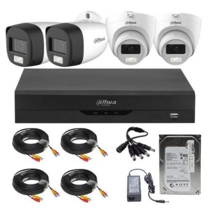 Sistem Supraveghere Mixt Dahua, 2x Bullet 2MP IR + 2x Dome Dual Light 2MP, Microfon Integrat, DVR 4 Canale, HDD 500GB, Accesorii SafetyGuard Surveillance