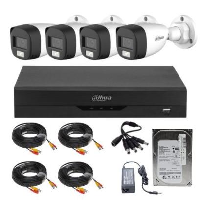 Sistem supraveghere Dahua, 4 camere, 2MP, Dual Light, IR 20m, microfon, DVR 4 canale hibrid, functii AI + HDD 500GB, accesorii SafetyGuard Surveillance