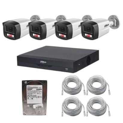 Sistem supraveghere IP Dahua, 4 camere 2MP Dual Light IR 30m, PoE, microfon, NVR 4 canale 16MP WizSense, PoE, HDD 500 GB, cabluri SafetyGuard Surveillance
