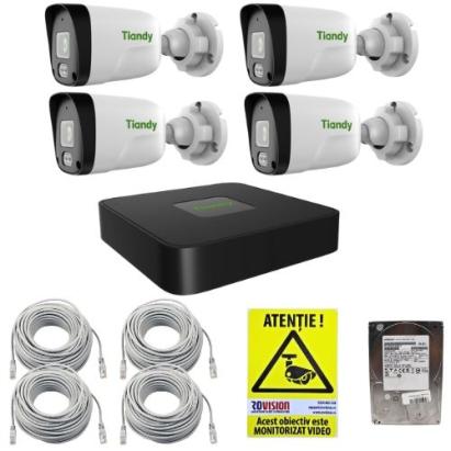 Sistem supraveghere IP Tiandy 4 camere 2MP IR 30m Microfon PoE, NVR 4 canale PoE 5MP, cabluri, HDD 500GB + Autocolant Rovision SafetyGuard Surveillance