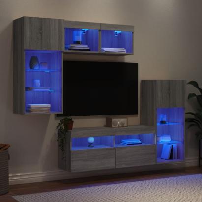 Unități de perete TV cu LED-uri, 5 piese, gri sonoma, lemn GartenMobel Dekor