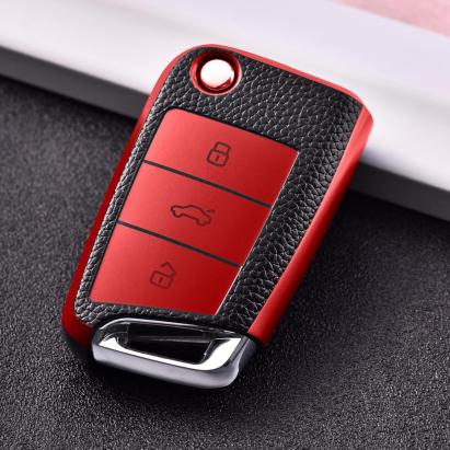 Husa Cheie Auto Briceag VW Golf 7, Tpu, Aspect Piele, Rosie AutoProtect KeyCars