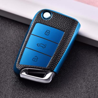 Husa Cheie Auto Briceag VW Golf mk7, Tpu, Aspect Piele, Albastru AutoProtect KeyCars
