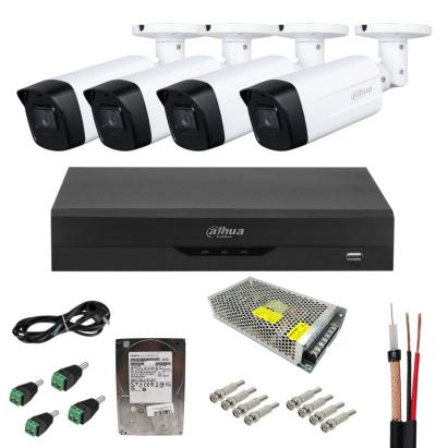 Sistem supraveghere analog Dahua 4 camere 2MP Full HD, IR 80m, SmartIR,  cu DVR 4 canale + 6 canale IP, inregistrare 5MP, compresie H.265+,  accesorii montaj SafetyGuard Surveillance
