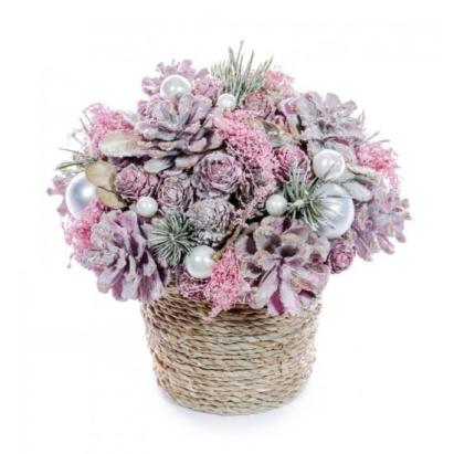 Decoratiune Craciun, cos cu flori si con de brad, roz, 17.5x19 cm GartenVIP DiyLine