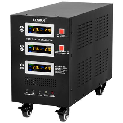 Stabilizator de tensiune trifazat cu servomotor KEMOT PROavr-10k, 10 kVA, 230 V ±3%, functie BYPASS si DELAY SafetyGuard Surveillance