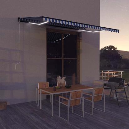Copertină cu senzor vânt & LED, albastru & alb, 500x300 cm GartenMobel Dekor