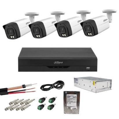 Sistem Supraveghere Analog Dahua cu 4 Camere 2MP Dual Light IR+WL 40m, Lentila 3.6mm, Audio, DVR 4 Canale, HDD 500GB, Accesorii Montaj SafetyGuard Surveillance