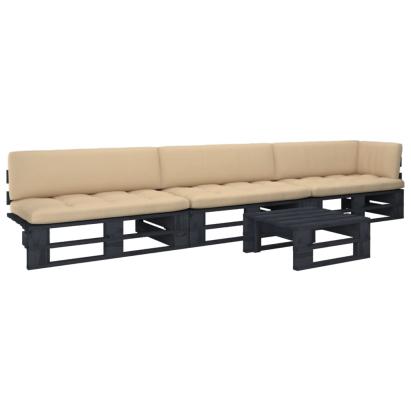 Set mobilier paleți cu perne, 4 piese, negru, lemn pin tratat GartenMobel Dekor