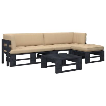 Set mobilier paleți cu perne, 4 piese, negru, lemn pin tratat GartenMobel Dekor