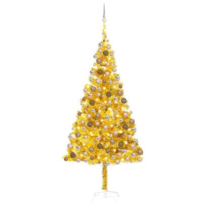 Brad Crăciun pre-iluminat cu set globuri, auriu, 210 cm, PET GartenMobel Dekor