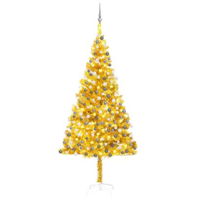 Brad Crăciun pre-iluminat cu set globuri, auriu, 210 cm, PET GartenMobel Dekor
